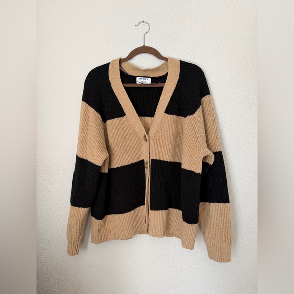 Old Navy Sweaters - Old Navy Chunky Tan and Black Striped Cardigan | XLarge